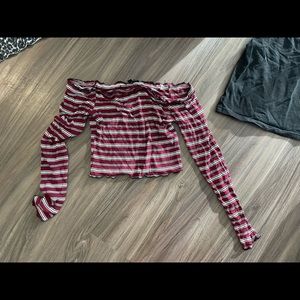 Cropped white maroon and black striped off the shoulder top